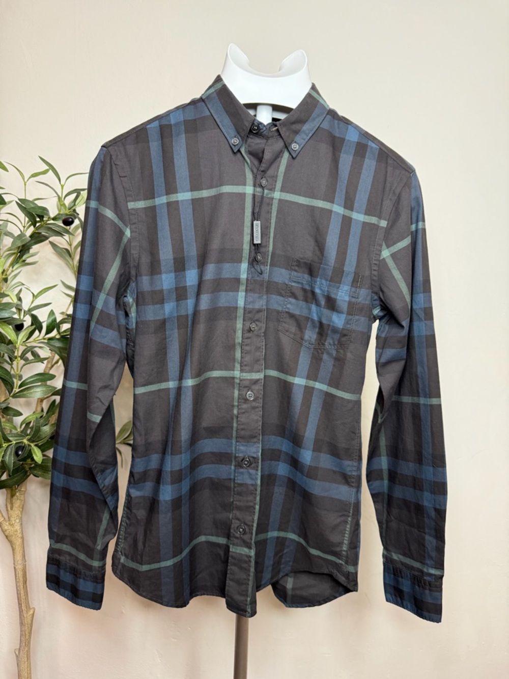 Burberry Brit Black Shirt with Blue & Green Plaid Trim